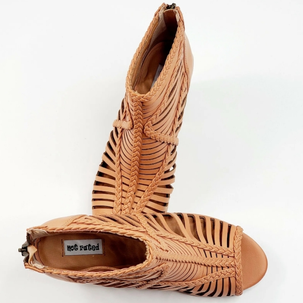 Leather Heeled Booties Braided Open Toe 'Not Rated' Back Zip Women's Size 6 - Picture 6 of 11